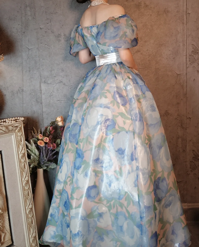 Vintage Blue Floral A-line Square Neck Puff Sleeve Glossy Organza Long Prom Dress Evening Dress P4313