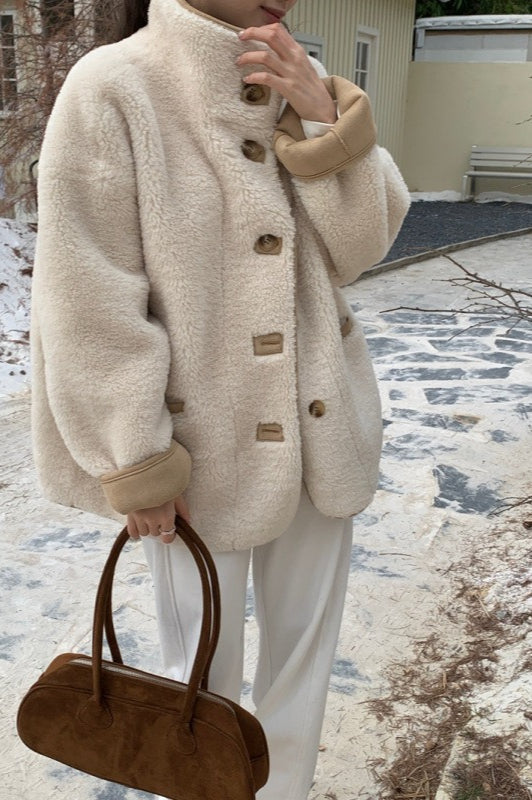 Stand Collar Faux Shearling Cropped Coat - Fashionpara