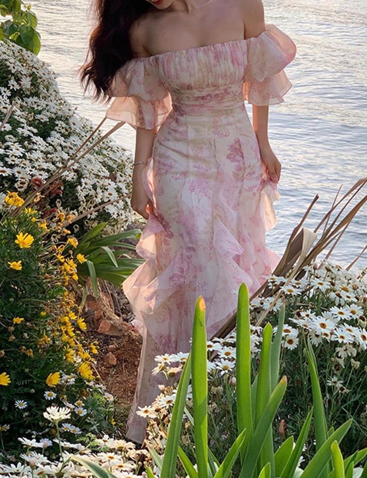 Elegant Flowers Pink Prom Dress Long Party Birthday Outfits