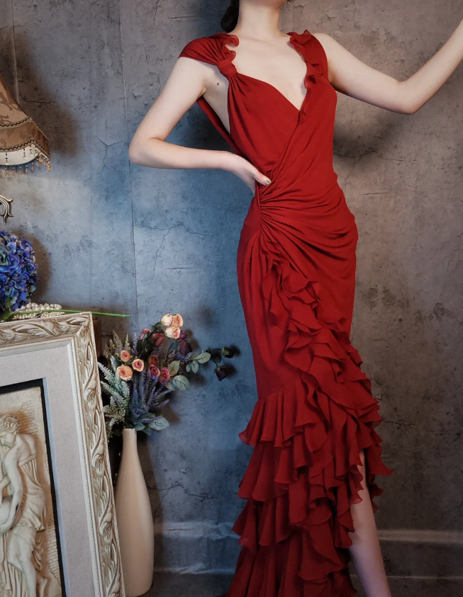 Vintage Burgundy Mermaid Deep V-neck Layered Ruffle Chiffon Long Prom Dress Evening Dress P4314