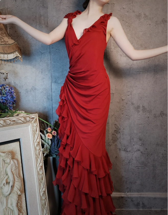 Vintage Burgundy Mermaid Deep V-neck Layered Ruffle Chiffon Long Prom Dress Evening Dress P4314