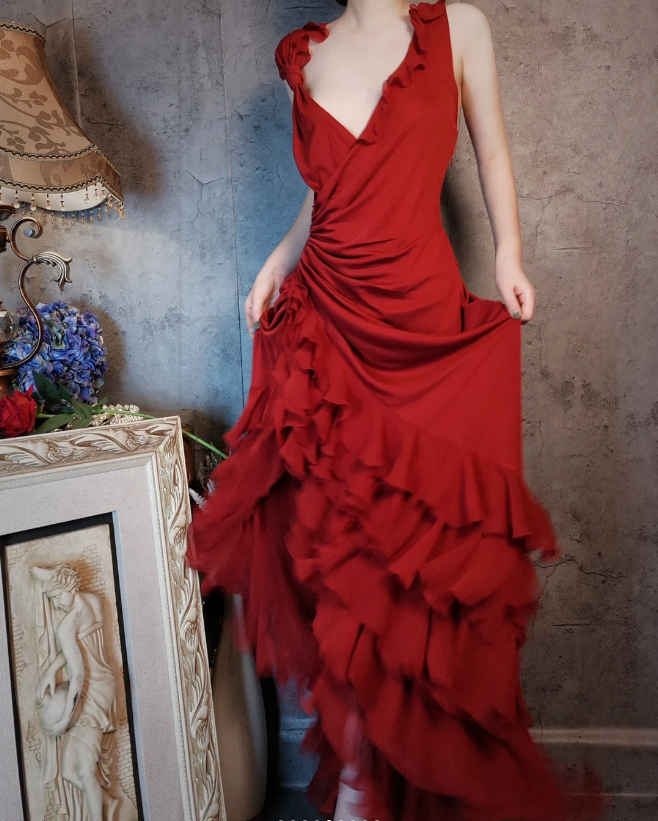 Vintage Burgundy Mermaid Deep V-neck Layered Ruffle Chiffon Long Prom Dress Evening Dress P4314