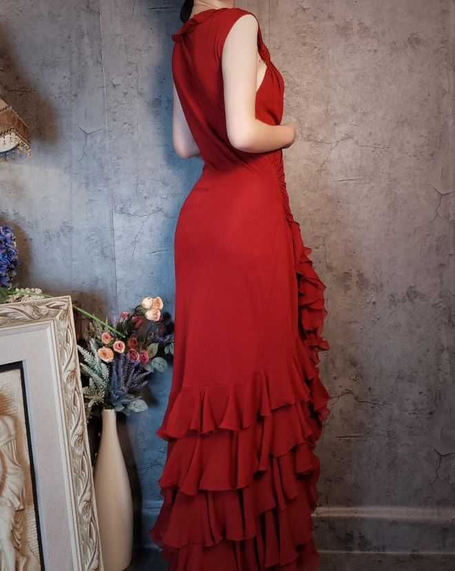 Vintage Burgundy Mermaid Deep V-neck Layered Ruffle Chiffon Long Prom Dress Evening Dress P4314