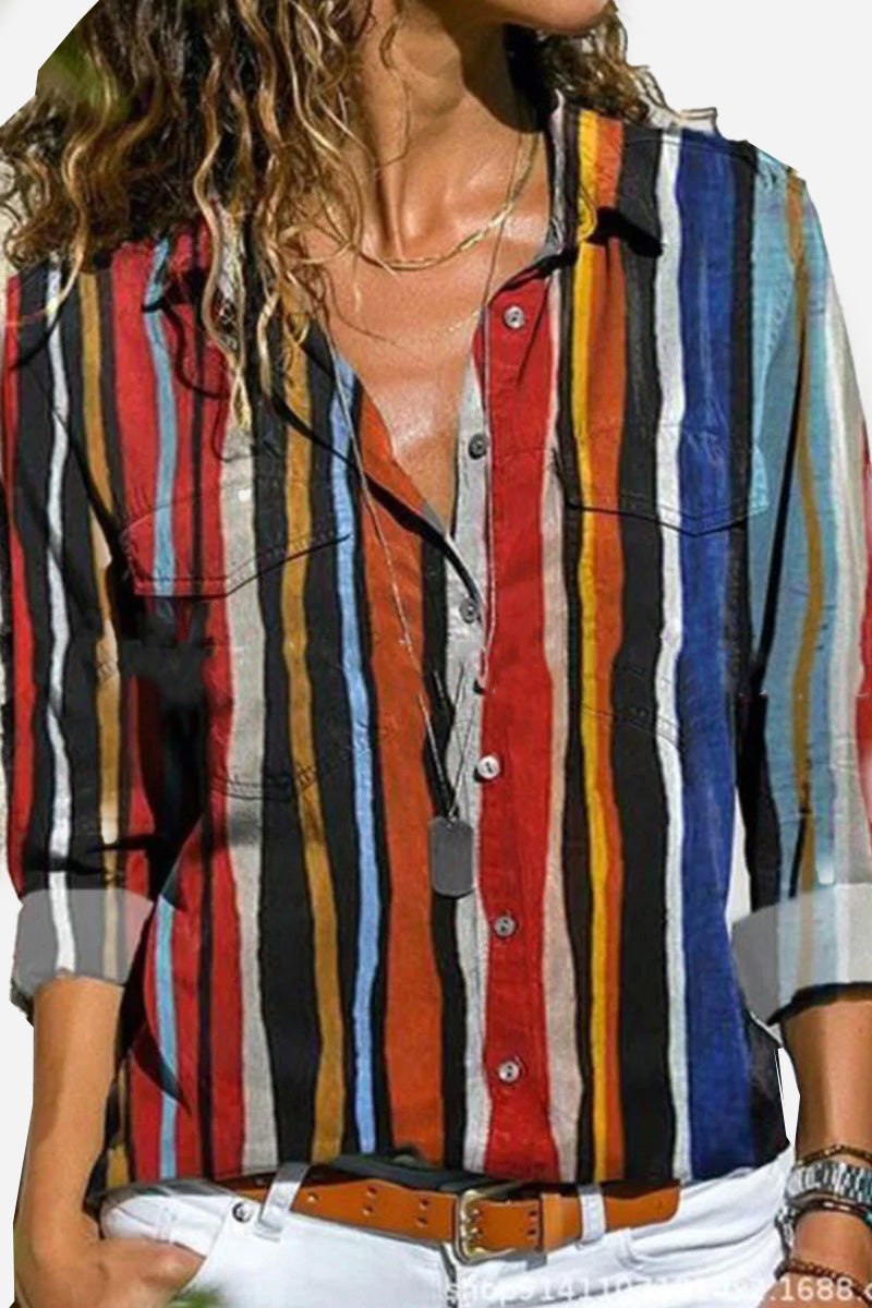 Striped Print Collared Button Down Long Sleeve Shirt