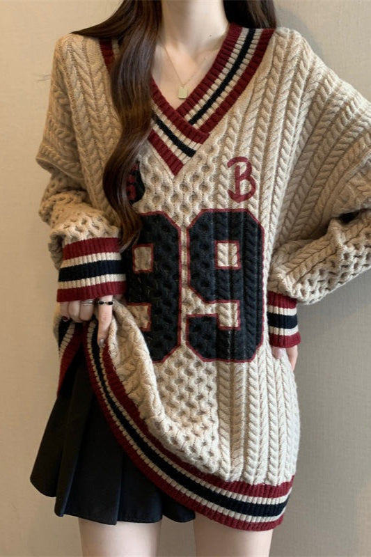 Contrast V-Neck Plus Size Sweater