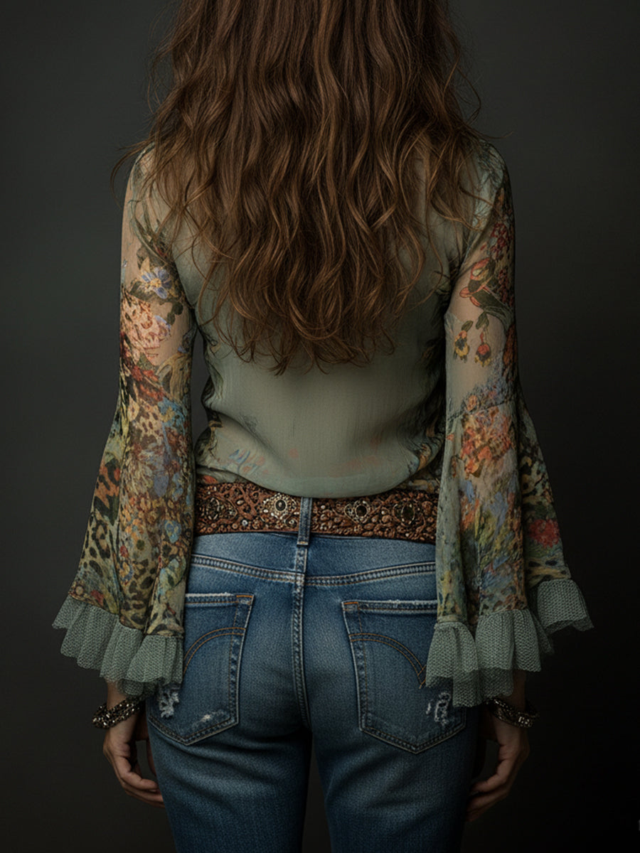 Bohemian Leopard Print Floral Print Chiffon Bell Sleeves Blouse