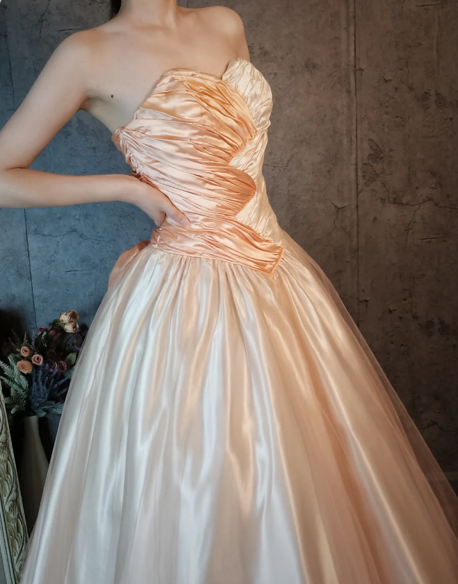 Princess Champagne Pink A-line Sweet Bow Satin Prom Dress Evening Dress Sweet 16 Dress P4316