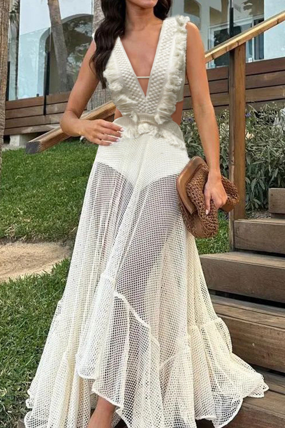 Sleeveless Tassel Mesh Maxi Dress