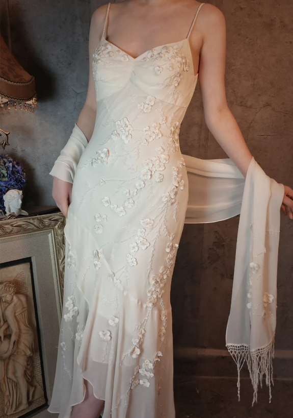Elegant Ivory Mermaid V-Neck Thin Straps 3D Floral Chiffon Long Prom Dress Evening Dress P4318