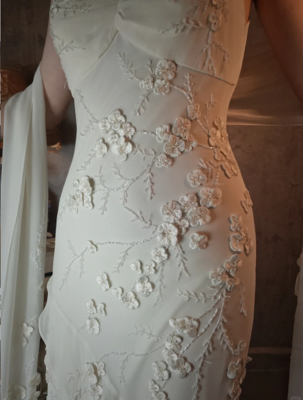 Elegant Ivory Mermaid V-Neck Thin Straps 3D Floral Chiffon Long Prom Dress Evening Dress P4318