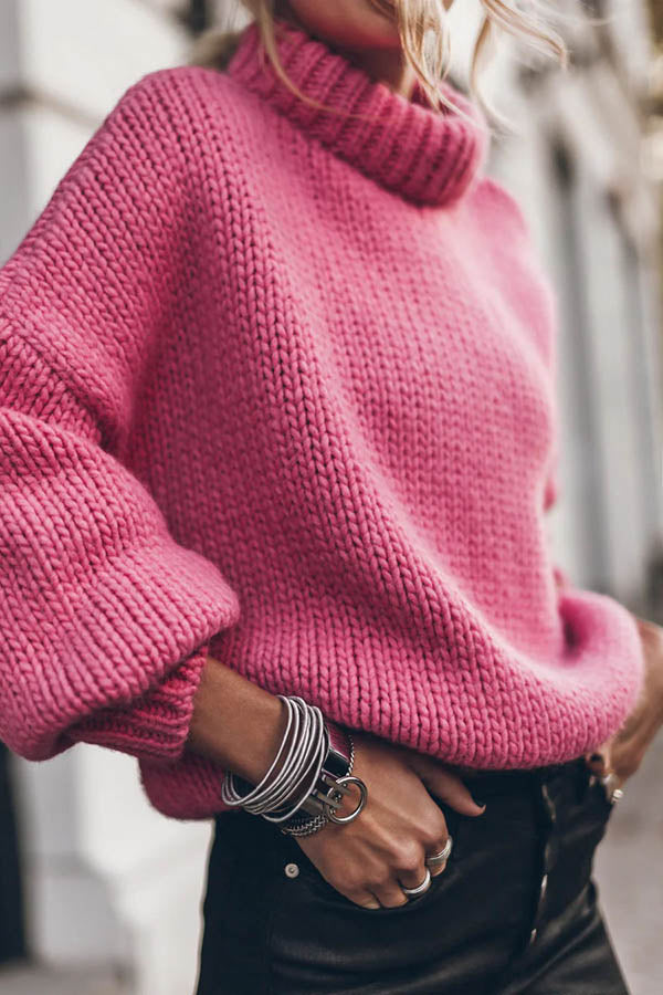 Emilia Knit Pullover Sweater with Thick Collar and Long Sleeves