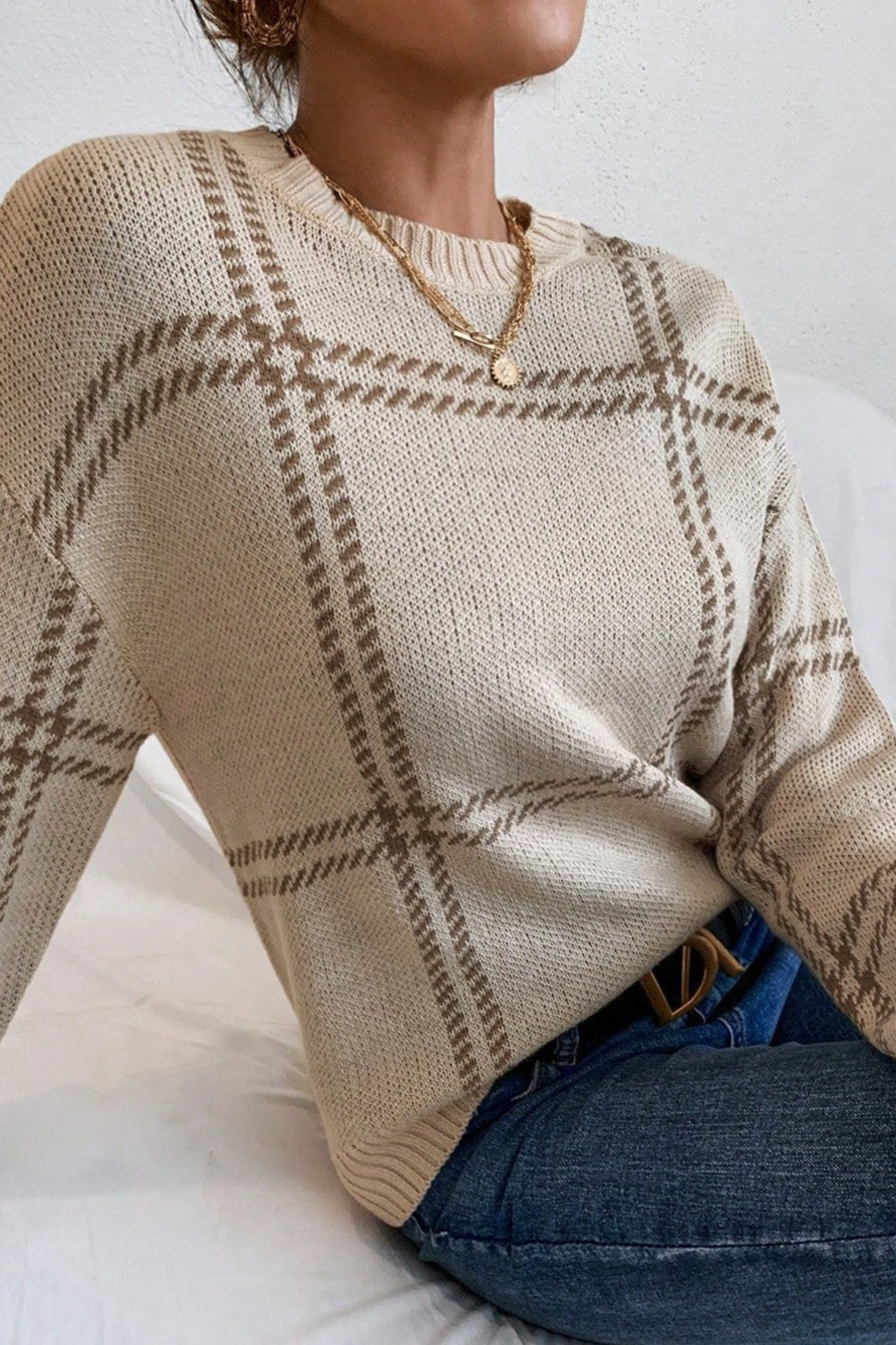 Plaid Stripe Crew Neck Knit Sweater