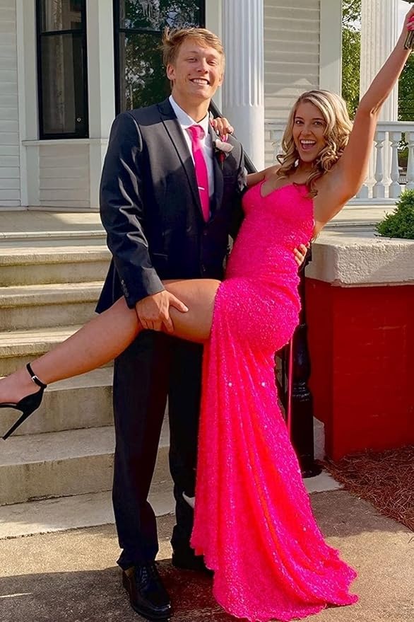 Elegant Mermaid Sequin Pink Long Prom Dresses Formal Dress