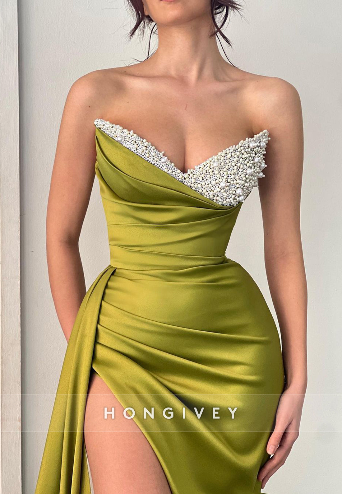 L0946 - Ormate Sheer Beaded Tube Top Paneled High Slit With Train  Evening Party Prom Dress