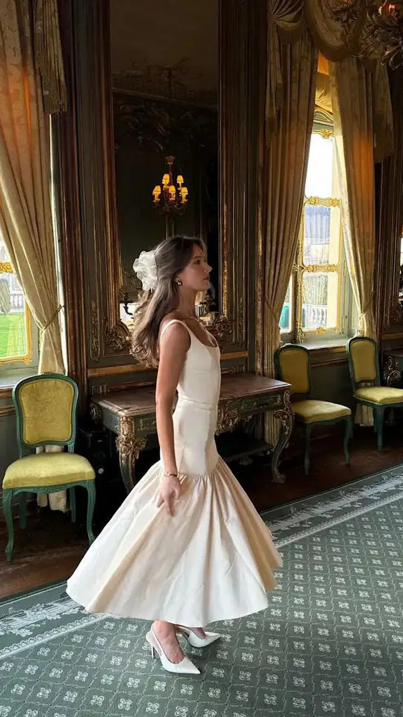 Vintage Mermaid Square Neckline White Ruffles Long Prom Dress Formal Dresses