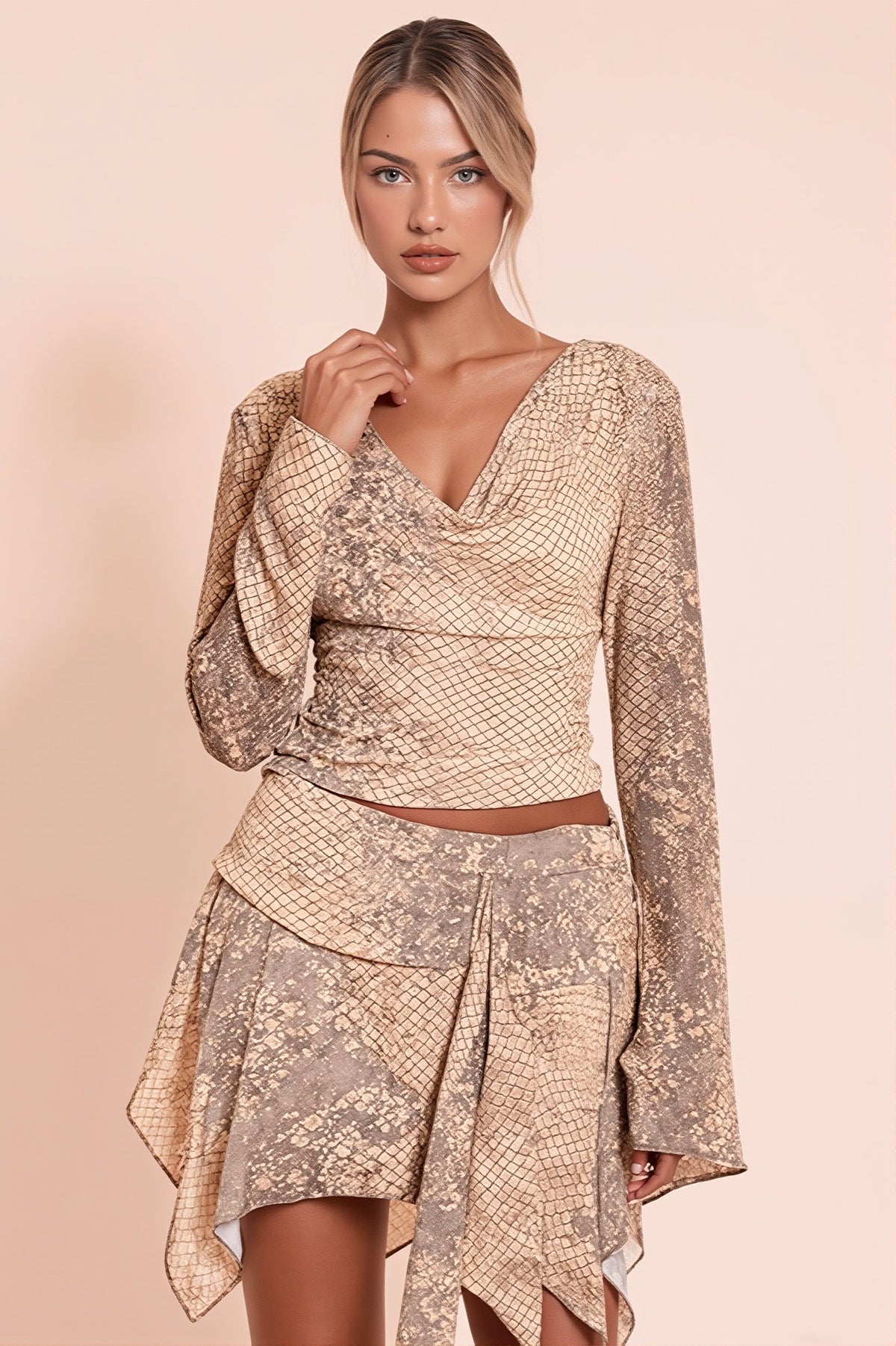 Flowy Snake Print Tie Detail Skirt Set
