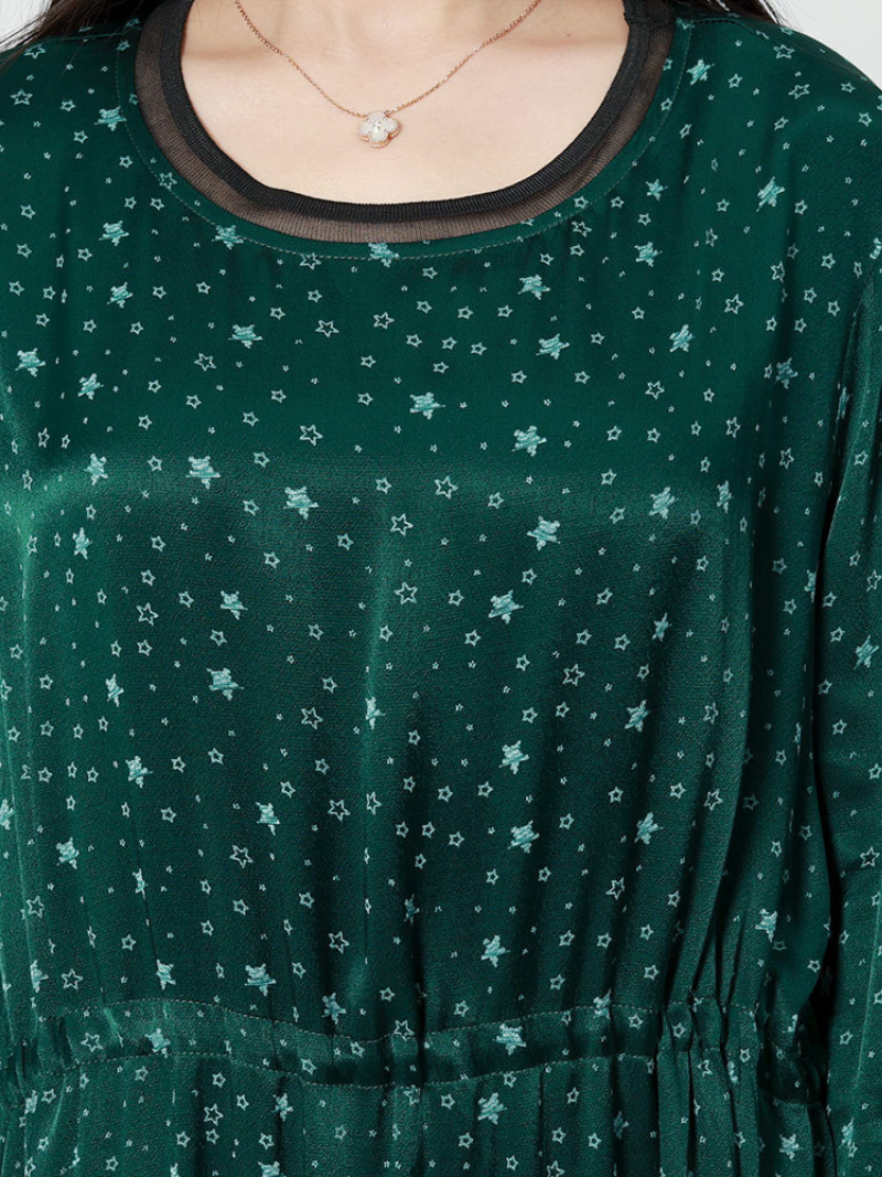 Star Print Round Neck Long-Sleeve Drawstring Waist Maxi Dress 7