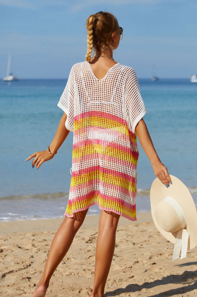 Rainbow Stripe Openwork Slit Cover Up - Fashionpara
