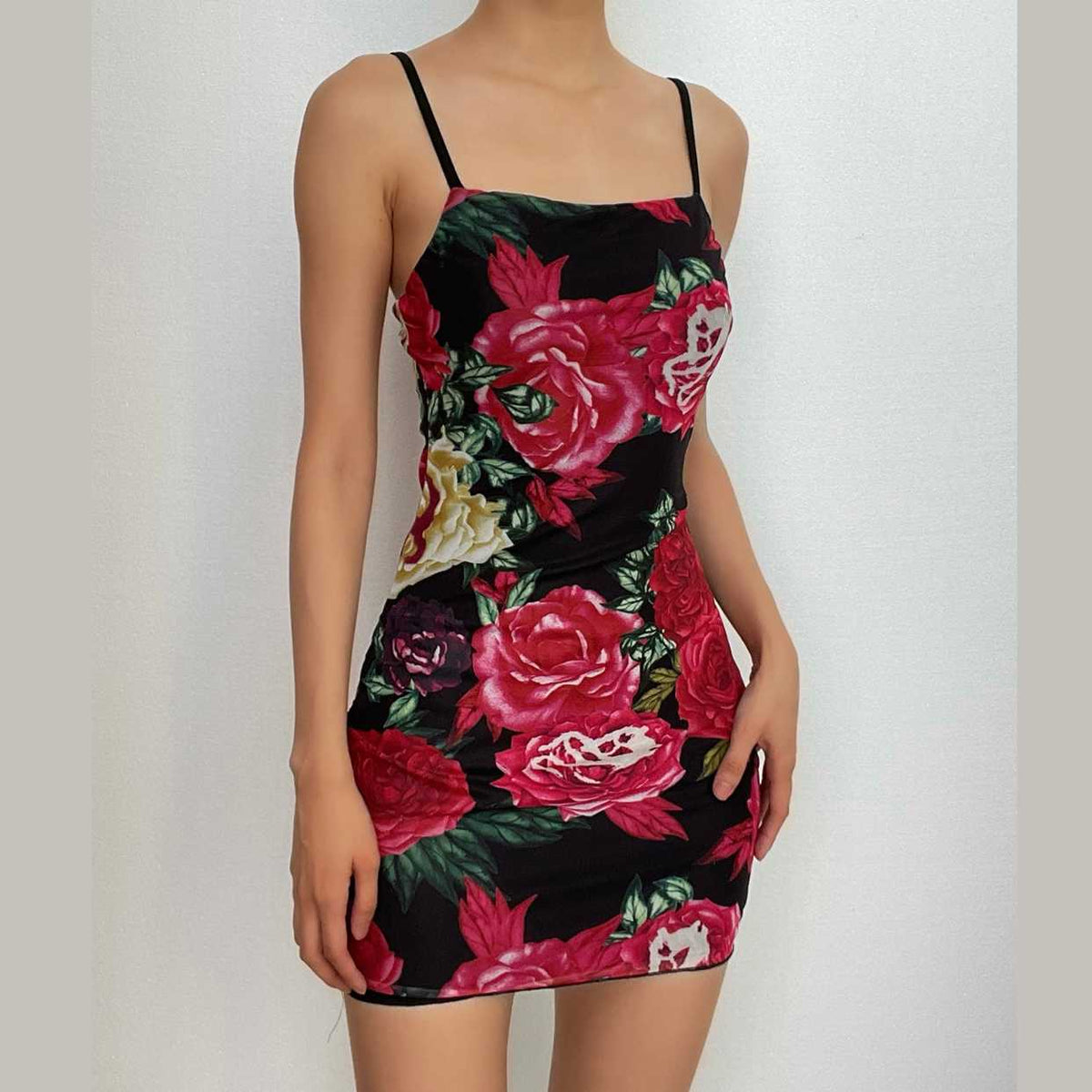 Rose Floral Print Square Neck Spaghetti Strap Bodycon Mini Dress - View 2