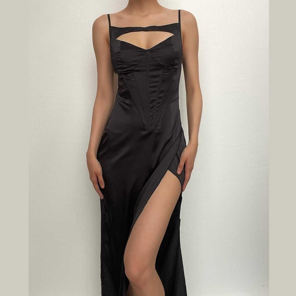 Satin Spaghetti Strap Corset Cut Out High Split Maxi Dress