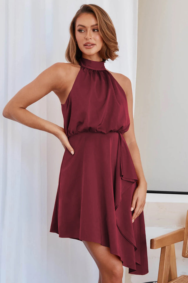 Halter Neck Sleeveless Asymmetric Hem Midi Dress