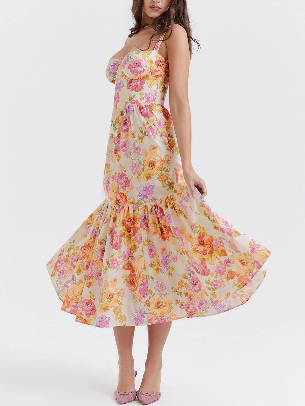 Strap A-Hem Floral Midi Dress - Fashionpara