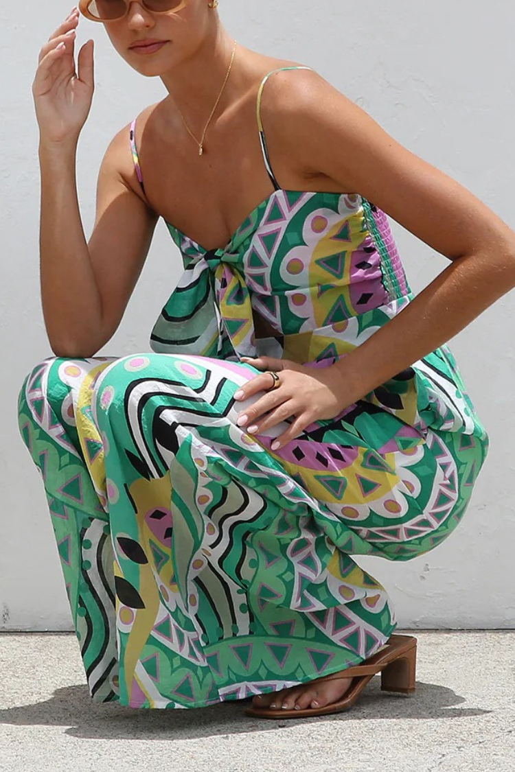 Unique Printed Suspender Back Pleated Pocket Wide-leg Jumpsuit - Fashionpara