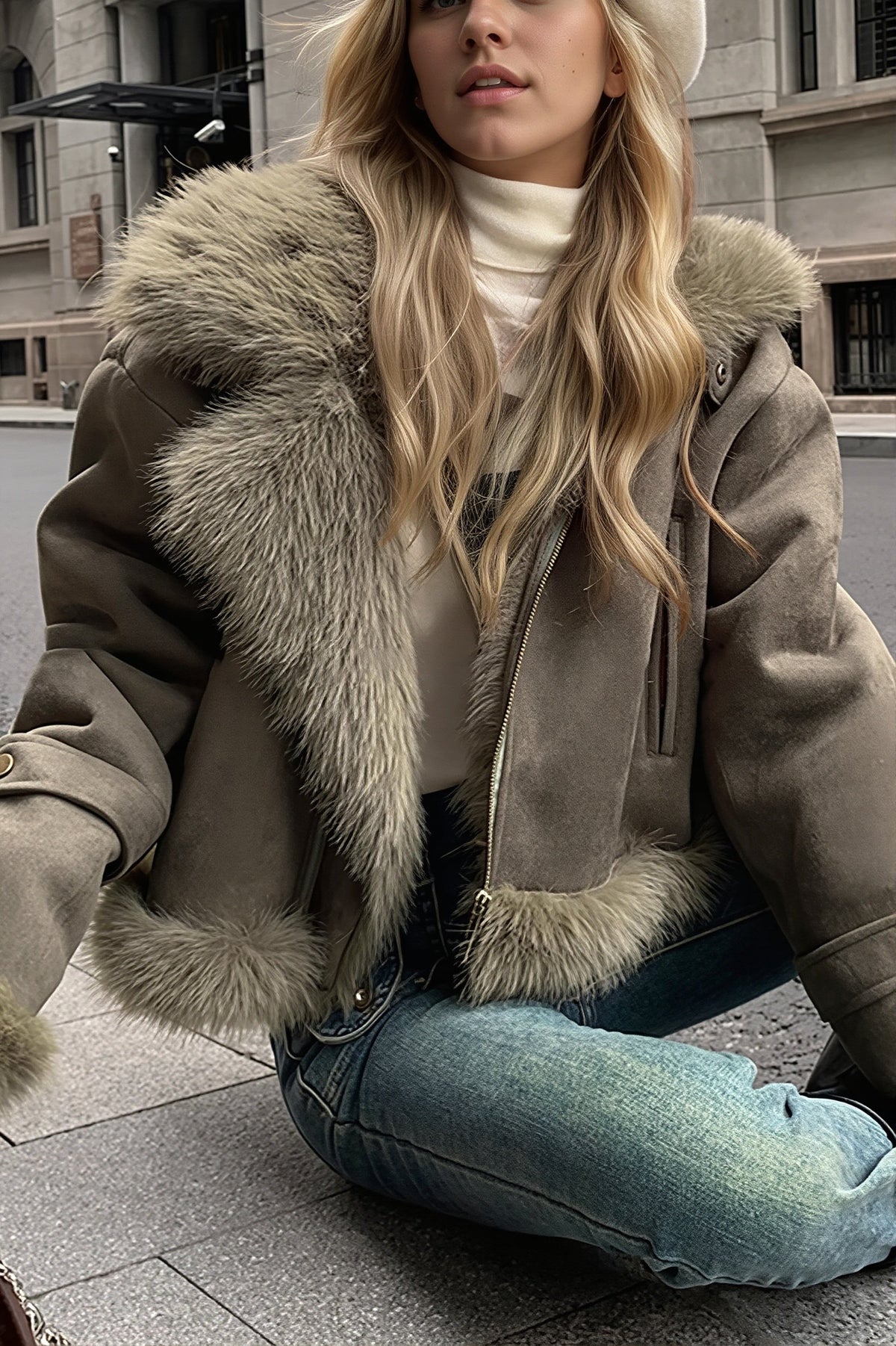 Oversized Fur Collar Suede Look Coat 2