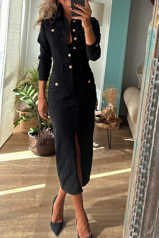 Fashionable Button-Up Long Sleeve Denim Dress