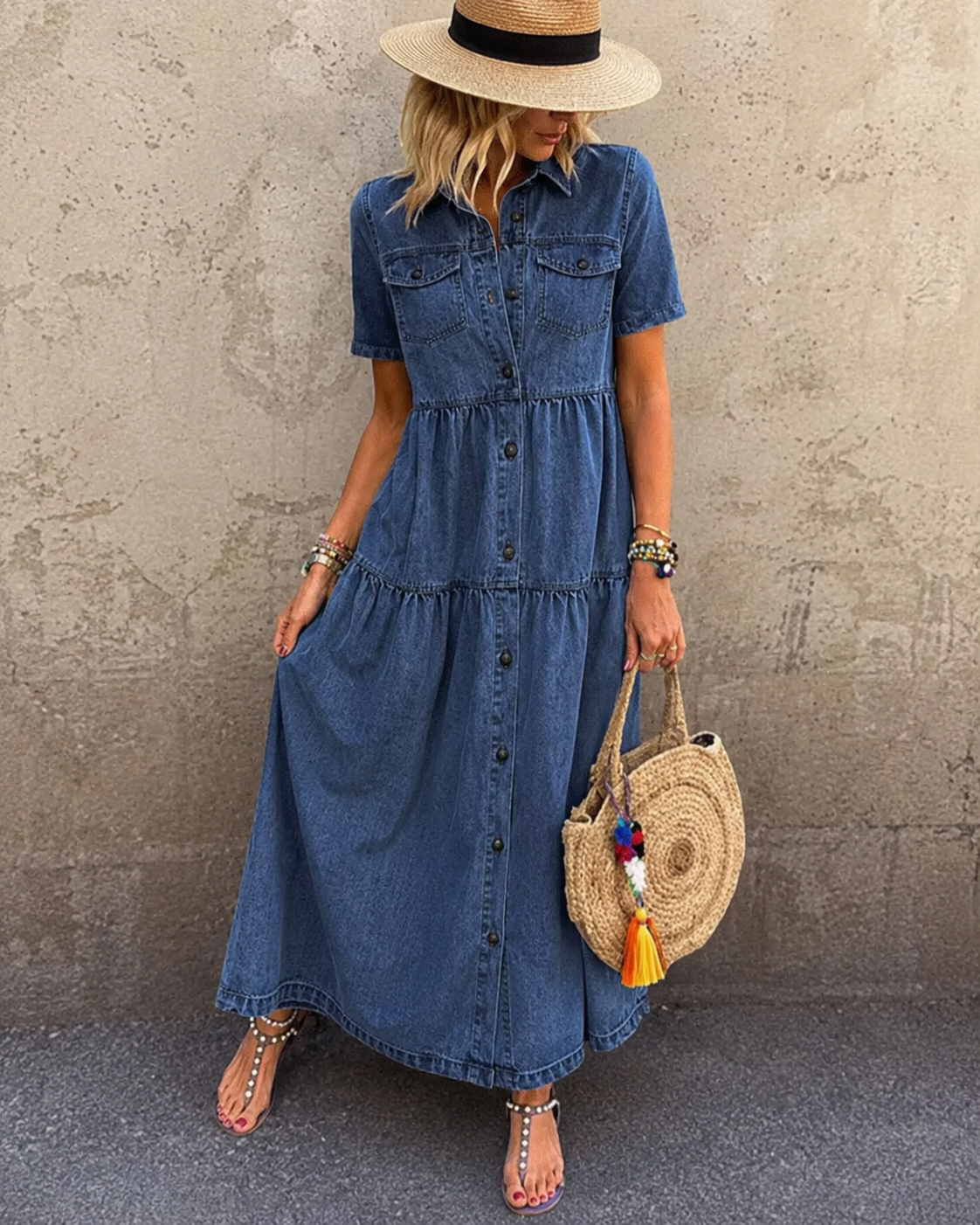 Collared Short Sleeve Button Front Tiered Denim Midi Dress 4