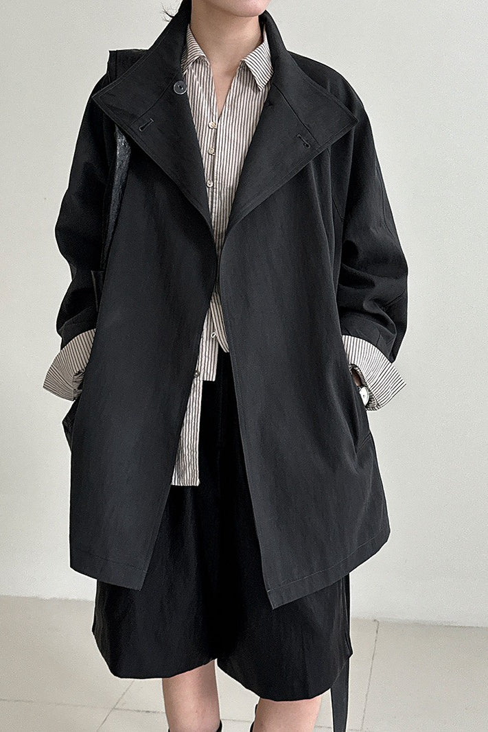 Sophisticated British-Style Mid-Length Stand-Collar Trench Coat