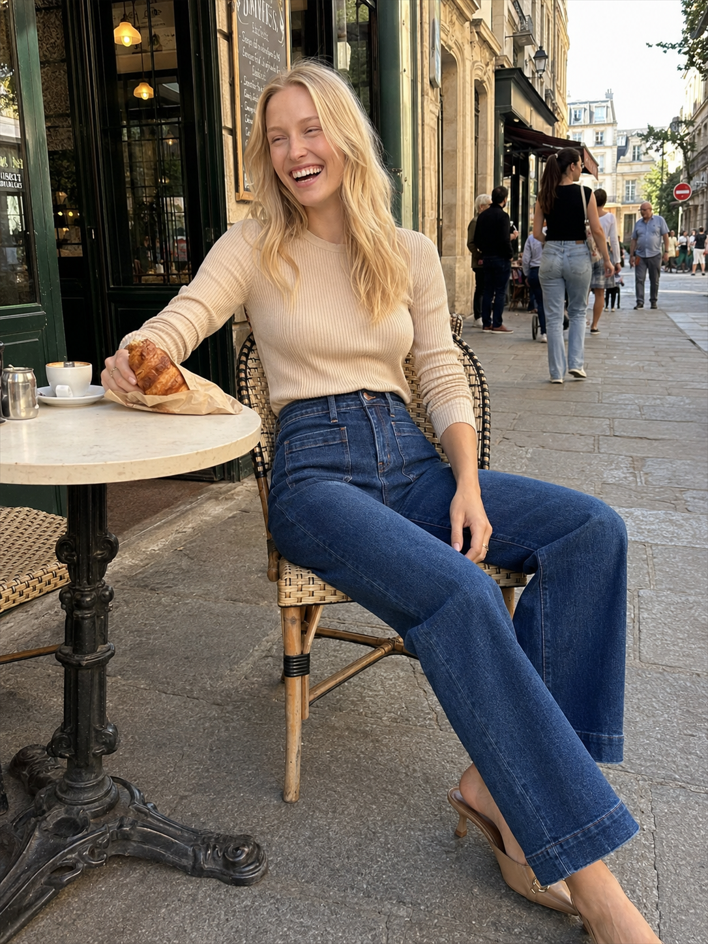 High-Waist Vintage Washed Wide-Leg Denim Jeans