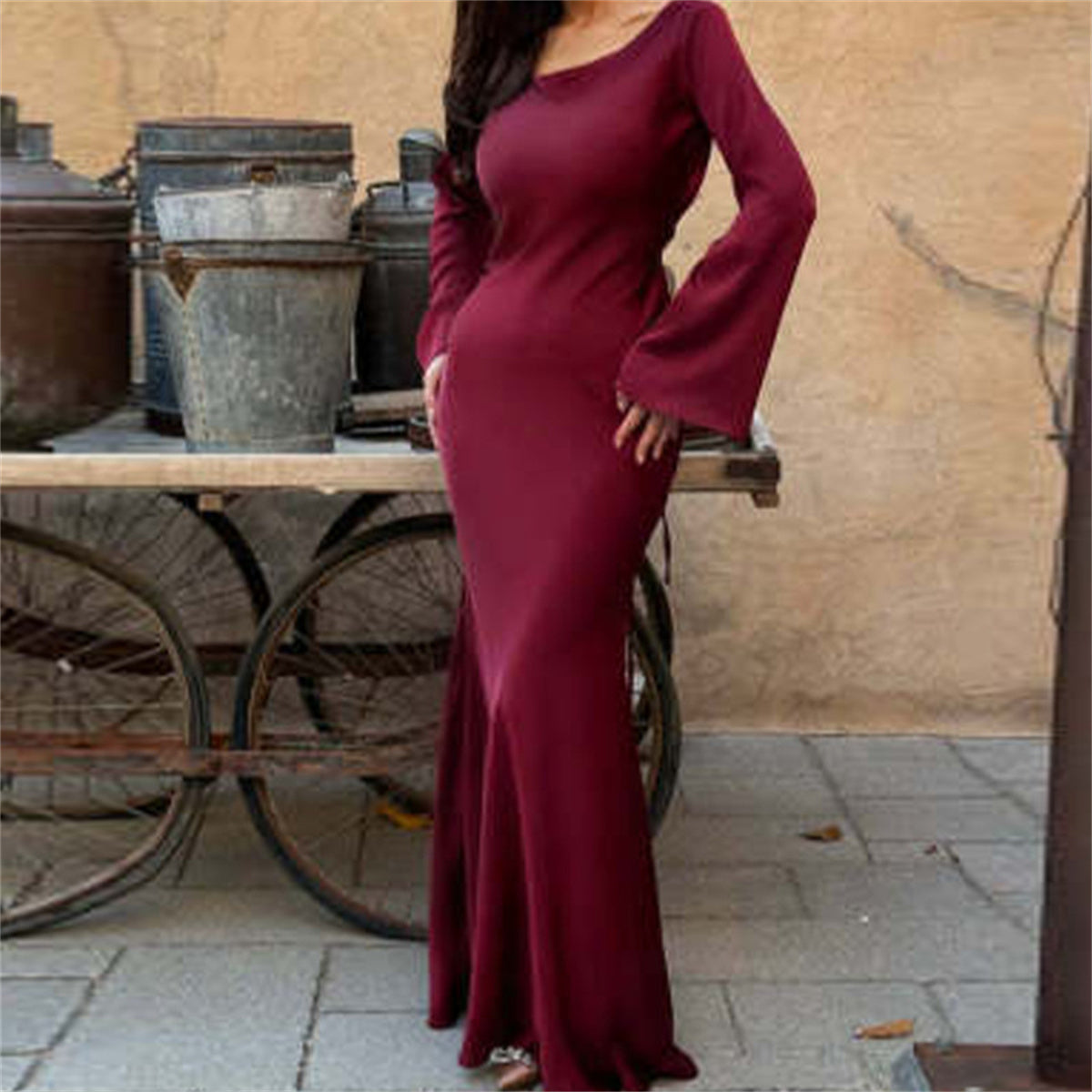 Satin Scoop Neck Bell Sleeve Ruched Waist Mermaid Maxi Dress - View 17