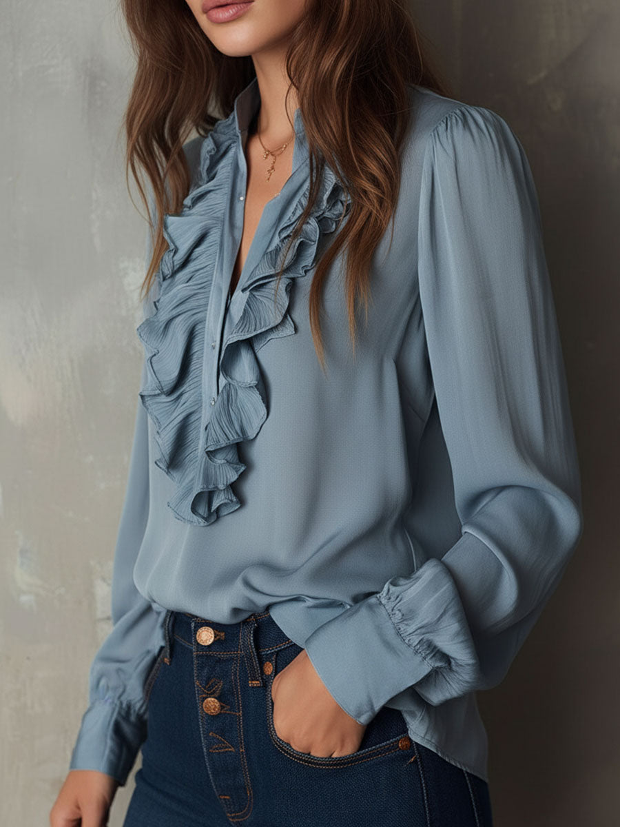 Dusty Blue Ruffle Front V-Neck Button Chiffon Blouse - Fashionpara