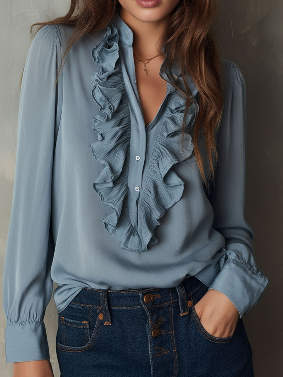Dusty Blue Ruffle Front V-Neck Button Chiffon Blouse - Fashionpara
