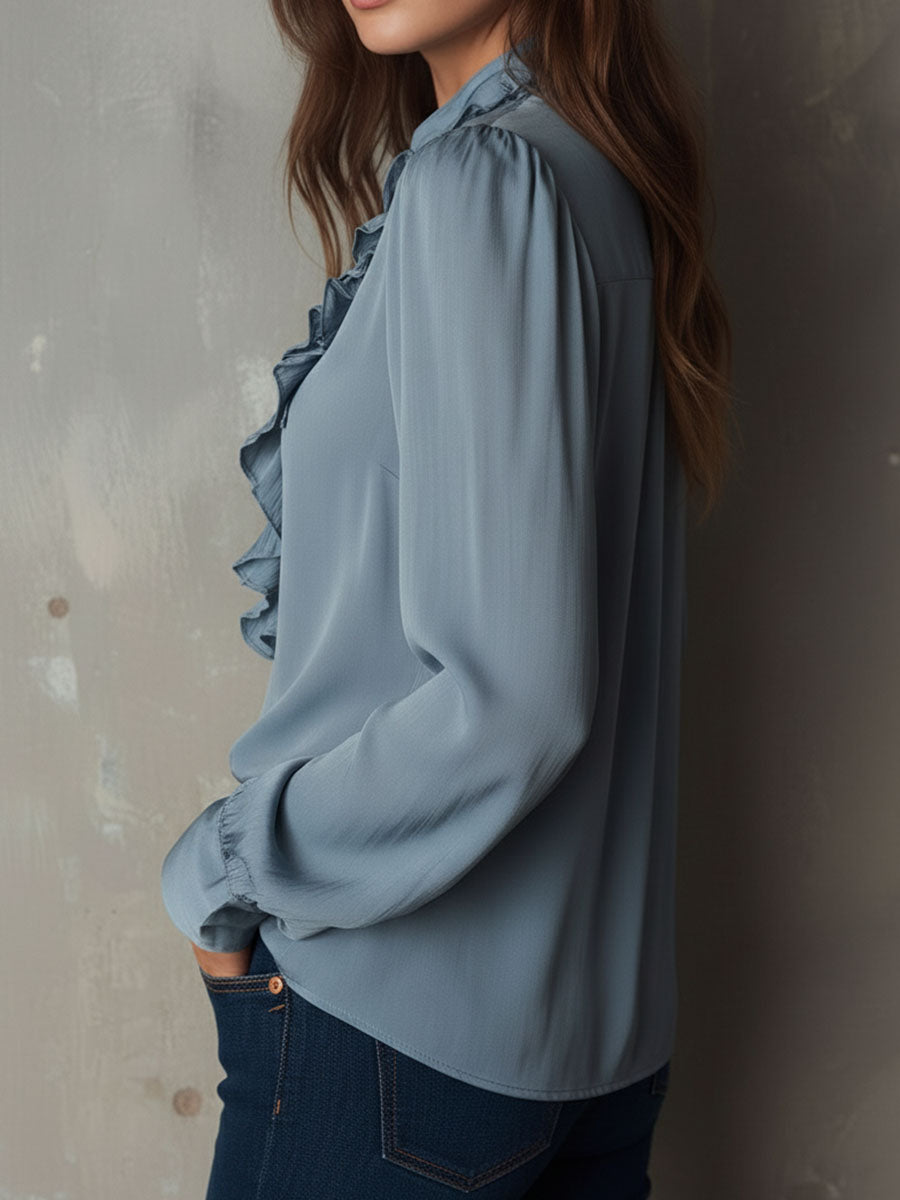 Dusty Blue Ruffle Front V-Neck Button Chiffon Blouse - Fashionpara