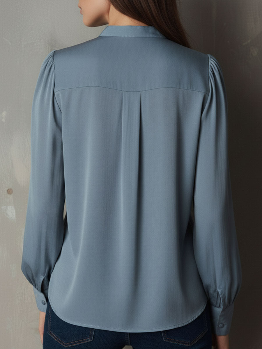 Dusty Blue Ruffle Front V-Neck Button Chiffon Blouse - Fashionpara