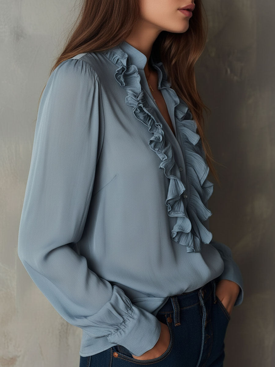 Dusty Blue Ruffle Front V-Neck Button Chiffon Blouse - Fashionpara