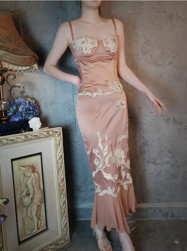 Elegant Pink Mermaid Spaghetti Strap Lace Embroidered Satin Prom Dress Evening Dress P4320