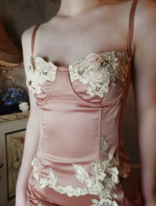 Elegant Pink Mermaid Spaghetti Strap Lace Embroidered Satin Prom Dress Evening Dress P4320