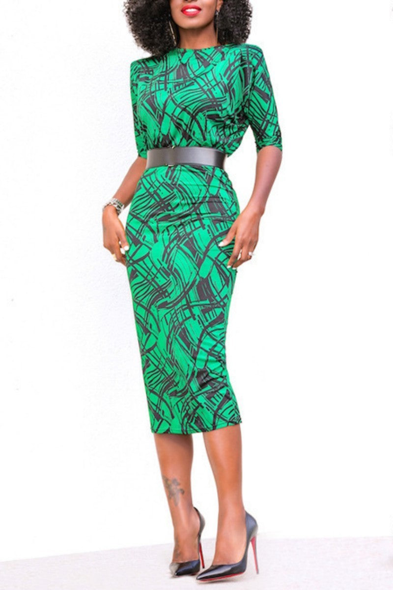 Casual Print Patchwork O Neck Pencil Skirt Dresses (Without Belt)  Fashionpara
