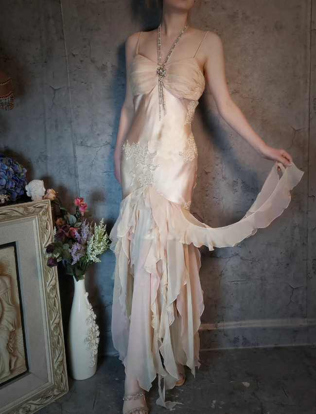 Elegant Light Pink Mermaid Beaded Layered Ruffled Satin Prom Dress Evening Dress P4321