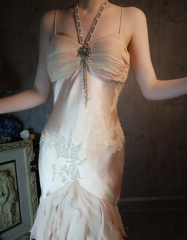 Elegant Light Pink Mermaid Beaded Layered Ruffled Satin Prom Dress Evening Dress P4321