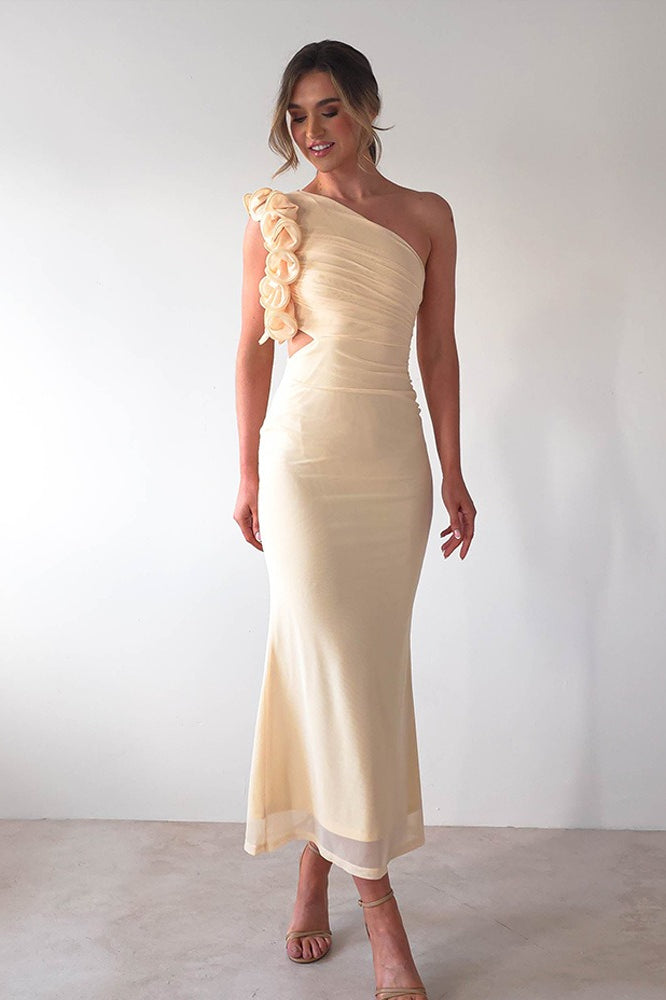 One-Shoulder Ruffle Cutout Mesh Bodycon Maxi Dress