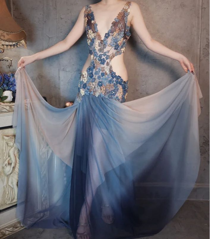 Gorgeous Gradient Blue 3D Floral Openwork Chiffon Long Prom Dress Evening Dress P4322