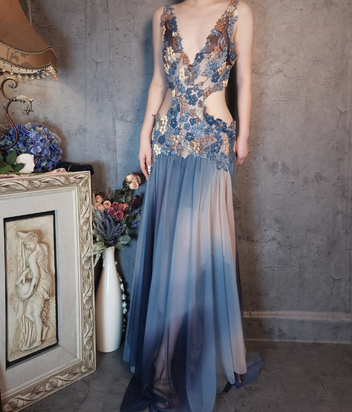 Gorgeous Gradient Blue 3D Floral Openwork Chiffon Long Prom Dress Evening Dress P4322