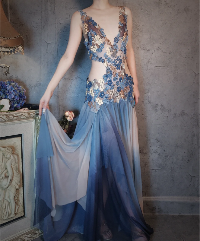 Gorgeous Gradient Blue 3D Floral Openwork Chiffon Long Prom Dress Evening Dress P4322