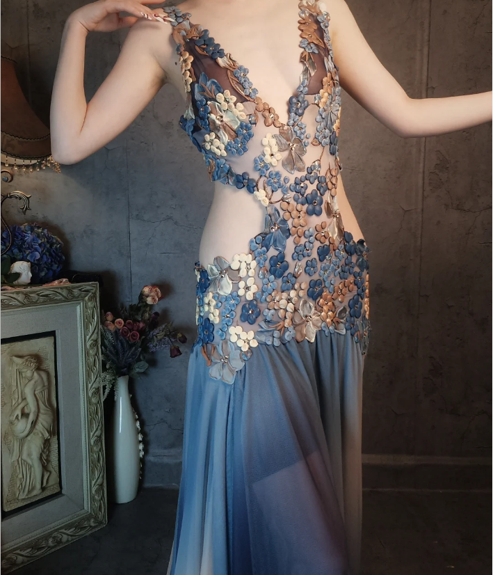 Gorgeous Gradient Blue 3D Floral Openwork Chiffon Long Prom Dress Evening Dress P4322