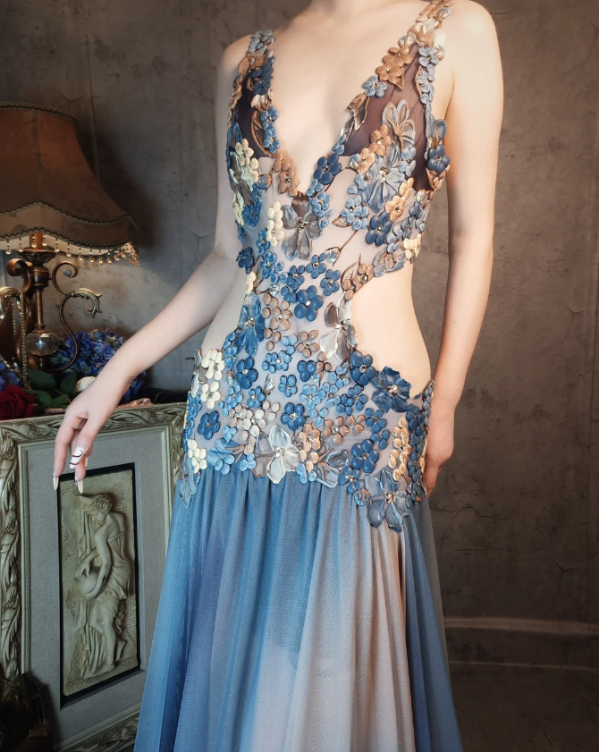 Gorgeous Gradient Blue 3D Floral Openwork Chiffon Long Prom Dress Evening Dress P4322