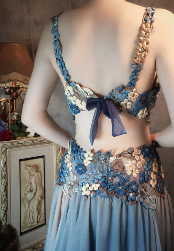 Gorgeous Gradient Blue 3D Floral Openwork Chiffon Long Prom Dress Evening Dress P4322